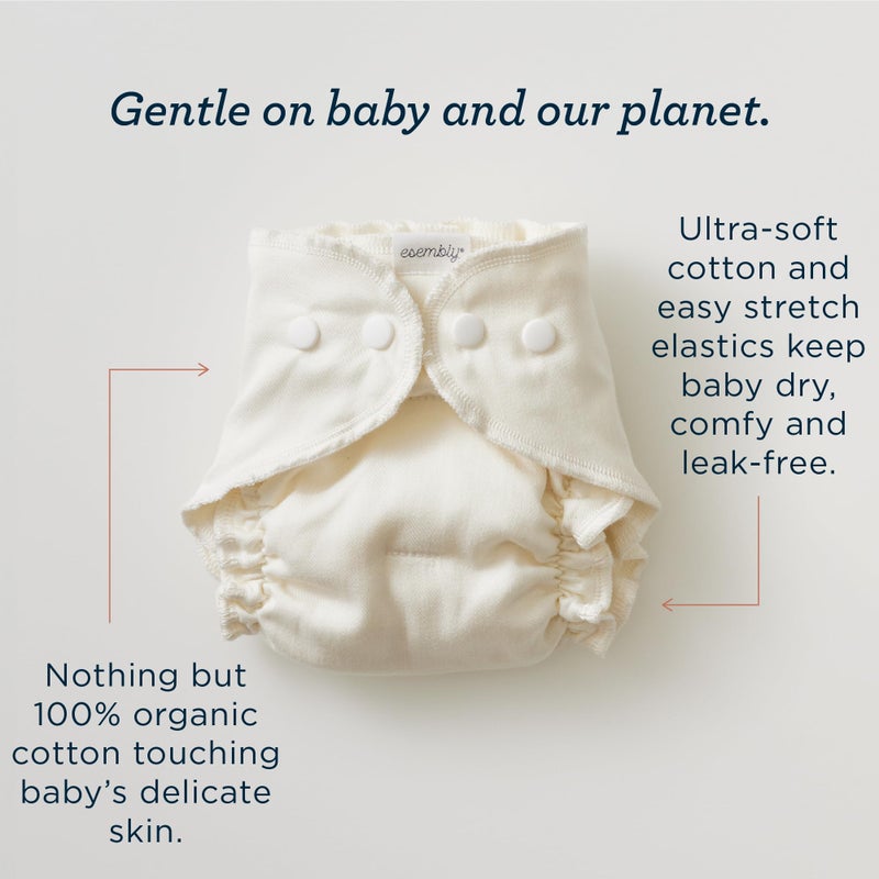 Esembly Cloth Diaper Bundle Set - 3 Organic Cotton Absorbent Inners and 1 Waterproof Outer Diaper Cover - Reusable, Washable, Snap Closure Cloth Diapers - Size 1 (7-17lbs), Mist - Image 3